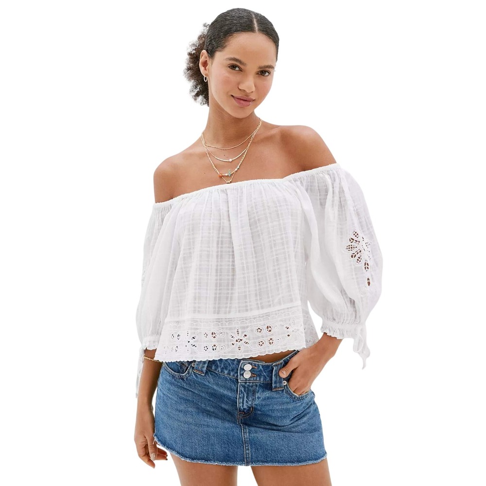 AE Wide Neck Puff-Sleeve Blouse Eyelet Crop Top Womens M White Boho Peasant